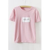 Pink Round Neck Short Sleeve Letter Print Tee