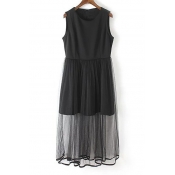 Chic Round Neck Sleeveless Black Sheer Pleated Tulle&Mesh Maxi Dress