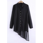 Fashion Black Stand Up Collar Button Down Long Sleeve High Low Asymmetrical Hem Long Shirt&Blouse
