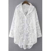 Sheer Lace Hooded Long Sleeve Button Through Coats