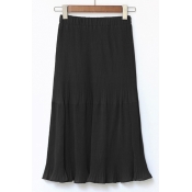 Plain Elastic Waist Maxi Chiffon Pleated Skirts