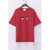 Character Embroidery Drop Shoulder Round Neck T-shirt