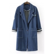 Spring Chic Icon Long Sleeves Lapel Two Pockets Embellish Single Button Long Denim Coats