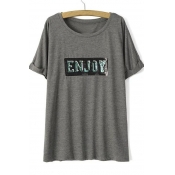 Sequins Letter Embellish Round Neck Roll Sleeves Loose Tee