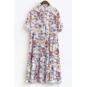 Floral Print Stand Collar Button Down Short Sleeves Midi Smock Dress