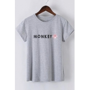 Round Neck Short Sleeves Letter Print Tee