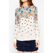 Spring Summer Fashion Lapel Beautiful Flower Print Long Sleeve Button Down Shirts&Blouse