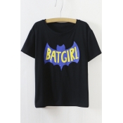 Chic Round Neck Short Sleeve Bat Icon Letter Print Tee