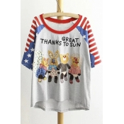 Funny Cartoon Applique Color Block Half Sleeve Scoop Neck Letter Print High Low Tee with Striped Sleeve Embellish