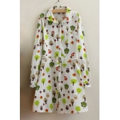 Spring Lapel Long Sleeves Colorful Trees Animals Print Loose Dress