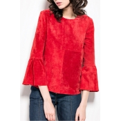 Sweet Red Patchwork Bell Sleeves Blouse