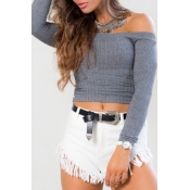 Plain Off-the-Shoulder Long Sleeves Cropped Blouse