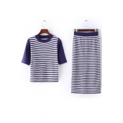 Knit Striped Short Sleeve Round Neck Top with Striped Bodycon Maxi Skirts Co-ords