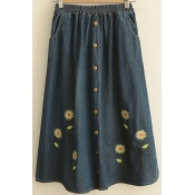 Elasic Waist Button Embellish Two Pockets Flowers Print Denim Skirts