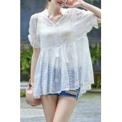 White Tie-Neck Embroidery Rolled Sleeves Shift