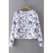 Round Neck Long Sleeve Floral Print Blouse&Tops