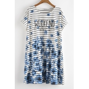 Beautiful Spring Style Floral Print Striped Short Sleeve Loose Longline Tee