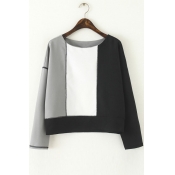 Scoop Neck Color Block Long Sleeves Crop Tops&Sweatshirts