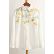 Spring Lapel Long Sleeves Beautiful Flowers Embroidery Shirts&Blouse