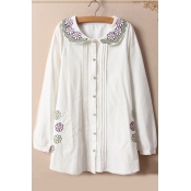 Peter Pan Collar Long Sleeves Flowers Embroidery Button Down Shirts&Blouse