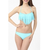 Plain Halter Bikini Set With Tassel Embellish