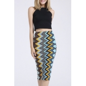 Contrast Geo-patterned Pencil Tea-length Skirt