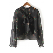 Sheer Tie Front Puff Sleeve Floral Blouses
