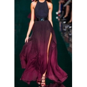 Elegant Halter Neck Sleeveless Plain Fashion Split Side Maxi Swing Dress