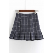 A-line Paneld Ruffled Hem Check Skirts