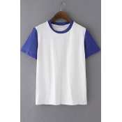 Color Block Round Neck Short Sleeve Casual Tee