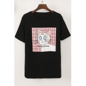 White Cat Print Round Neck Loose Fit Tee