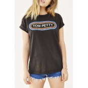 Letter Print Cuffed Loose Fit Tees