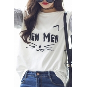 Striped Contrast Sleeves Kitten Print Round Neck Blouse