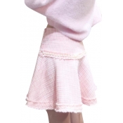 Fashion Women A-line Beaded Paneled Frayed Hem Mini Skirt