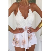 Fashion Women Floral Strapy Scalloped-edged Crisscross Back Swing Shorts Rompers