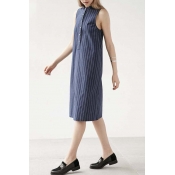 Shift High Neck Sleeveless Striped Simple Style Midi Dress