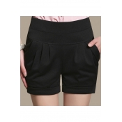 Fashion Women Plain High Waist Pleated Cuffed Pockets Shorts