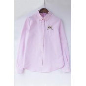 Cute Lape Button Down Long Sleeve Cat Embellish Blouse&Shirt