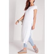 Plain Simple Fashion Round Neck Short Sleeve Casual Long Line Tee