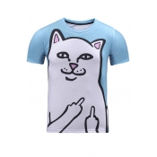 Personality Round Neck Short Sleeve Funny Cat Print Casual Tee