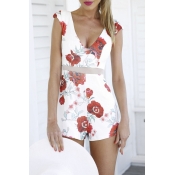 V-Neck Cap Sleeve Floral Print Sheer Sexy Rompers