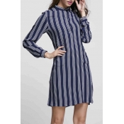 Stand Up Collar Button Front Striped Long Sleeve Shirt Dress Mini Shift Dress