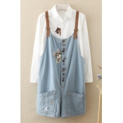 Cute Cat Embroidery Button Through Double Pockets Loose Denim Overalls
