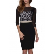 Sheer Boat Neck Half Sleeve Lace Slim Fit Sexy Dress