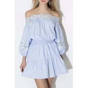 Sweet Fashion Off The Shoulder Balloon Sleeve A-Line Mini Dress With Lace Embellish