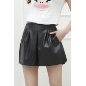 Fashion Women Gathered Waist Wide Fit Leather Short Culottes Shorts