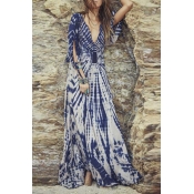 Special Style V-Neck Bell Sleeve Abstract Print A-Line Sexy Maxi Dress