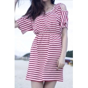 Striped Cut Out Shoulder Elastic Waist Casual Mini Dress