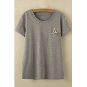 Cat Embroidery Round Neck Short Sleeve Casual Tee