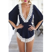 Lace Trim V-Neck Bell Sleeve Loose Rompers